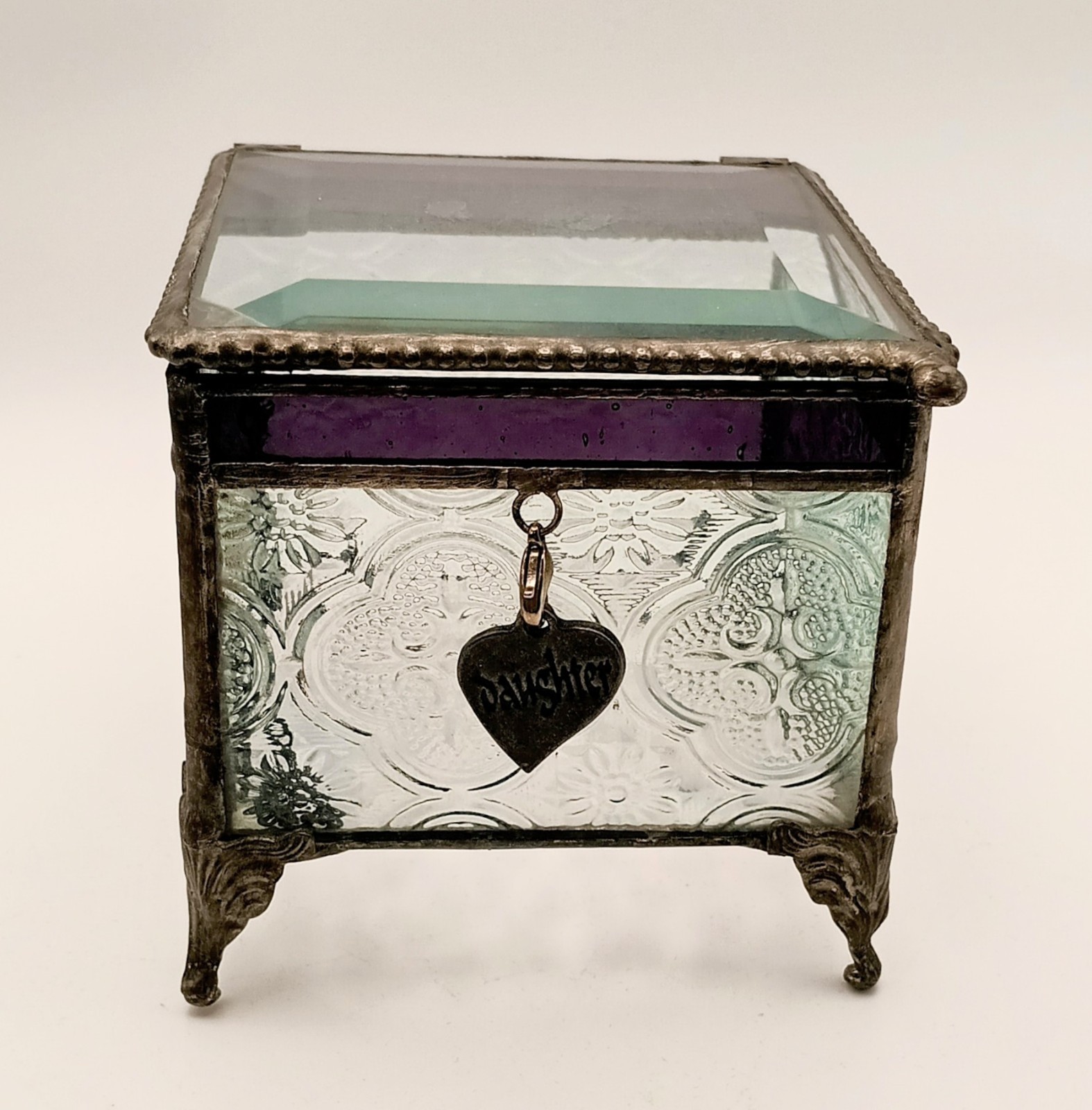 Art Glass Trinket Box Purple & Clear Embossed Glass Daughter Heart Charm 3\