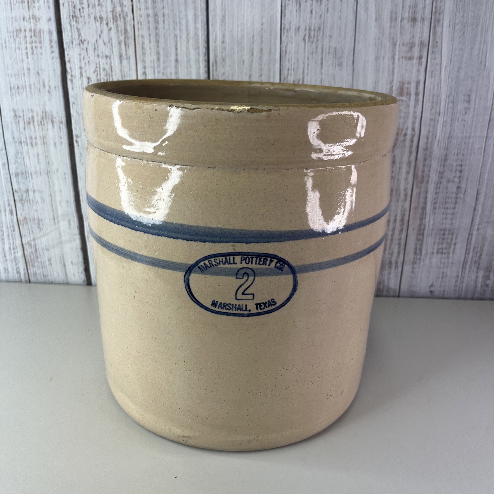 Vintage Marshall Pottery # 2 Crock Texas Stoneware Beige Double Blue Stripe USA