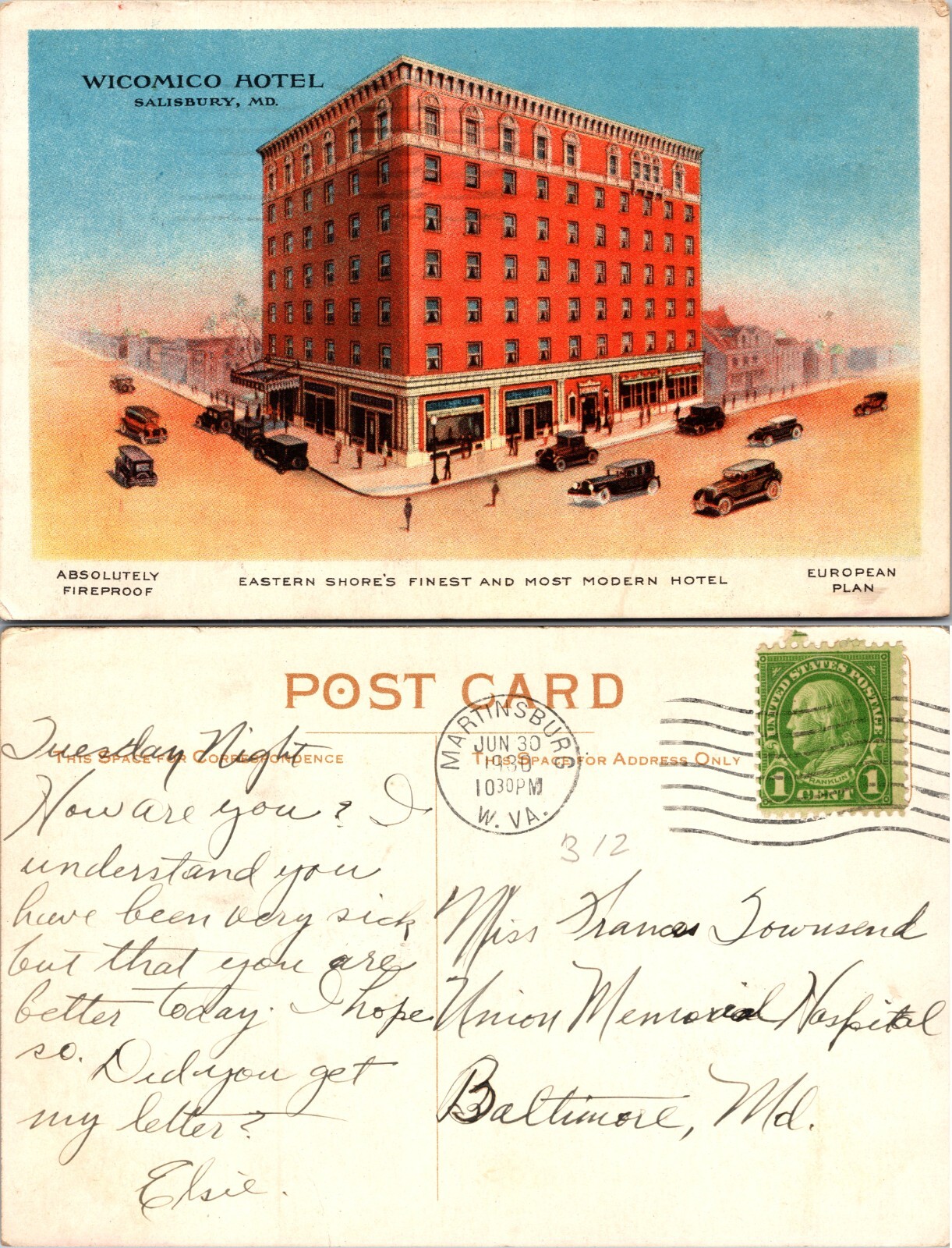 Wicomico Hotel Salisbury MD Postcard
