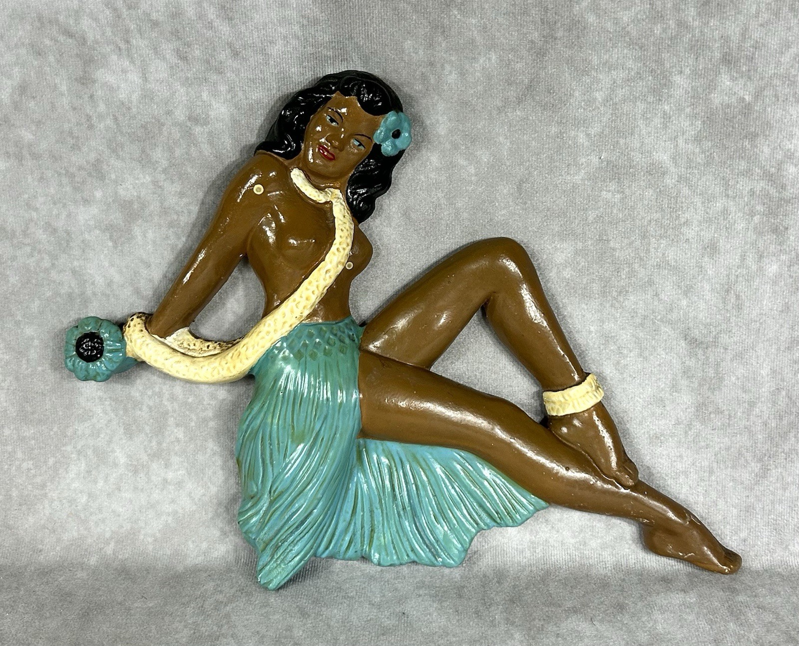 Vintage 1950s Chalkware Hula Girl Reclining Dancer Wall Plaque Tiki Decor 13x9