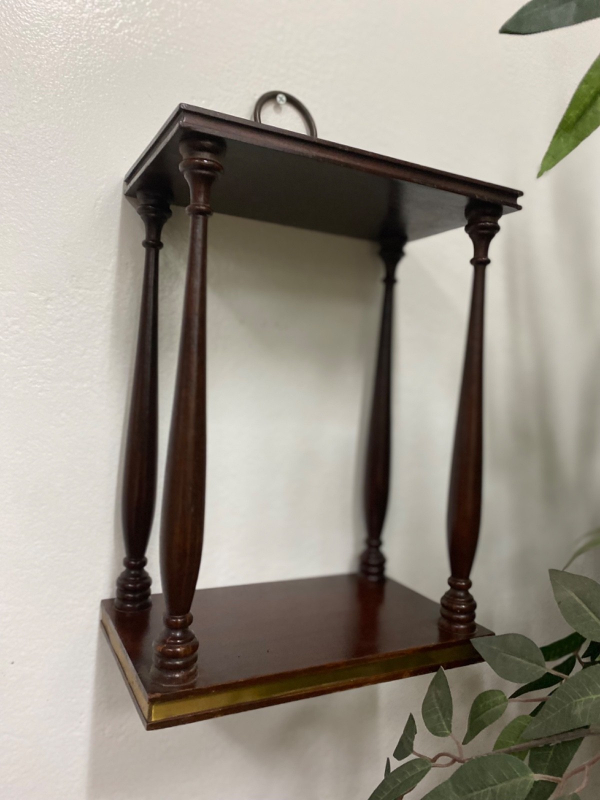 Vintage Wood Wall Shelf Hanging Display Cabinet Spindle Columns Brass Trim Retro