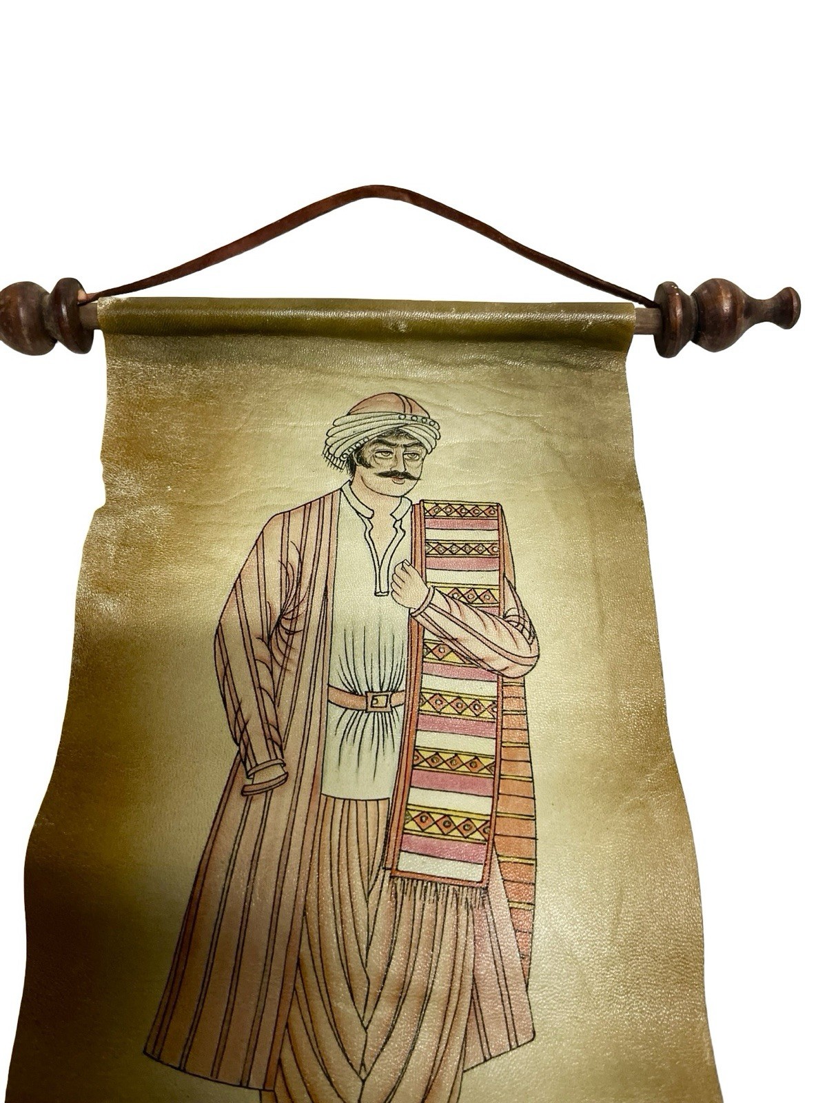 Vintage Persian Men Traditional Painting On Leather Scroll Signed Wood Dowels