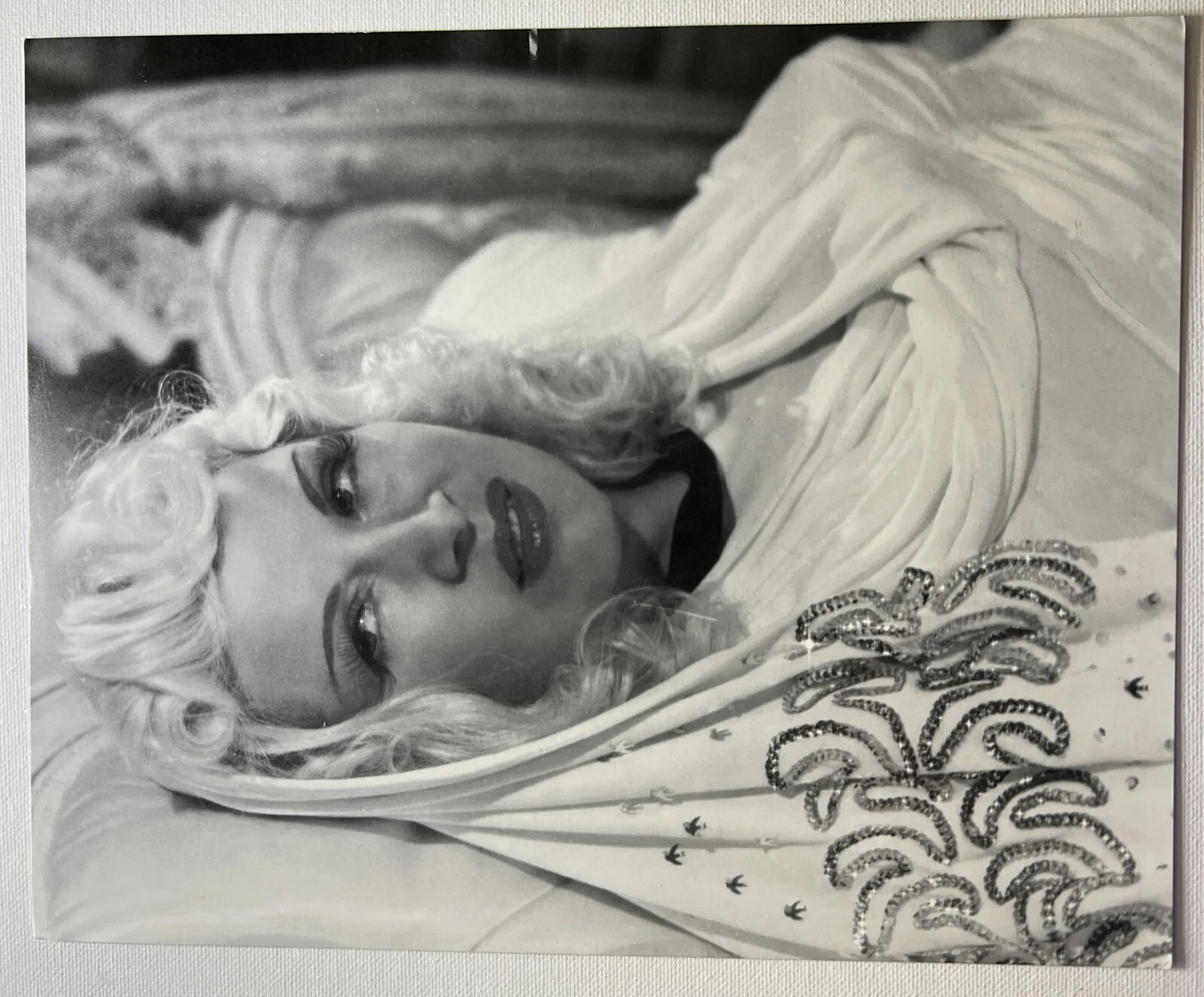 Vintage Movie Starlet Cinema Mae West Close-Up  White Dress Reprint B/W