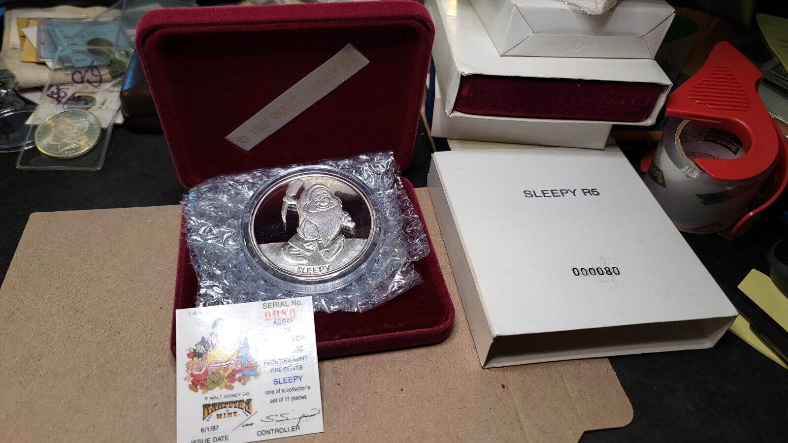 1987 Disney Snow White-Sleepy 5oz Silver .999 Coin 50th Anniversary w/COA & BOX
