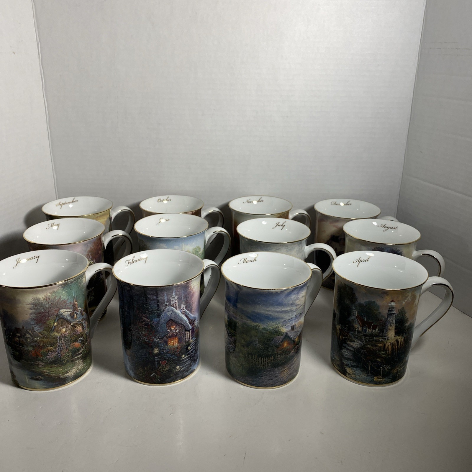 Complete Set of Thomas Kinkade Mugs Joys of the Season Jan to Dec 2002 Vintage