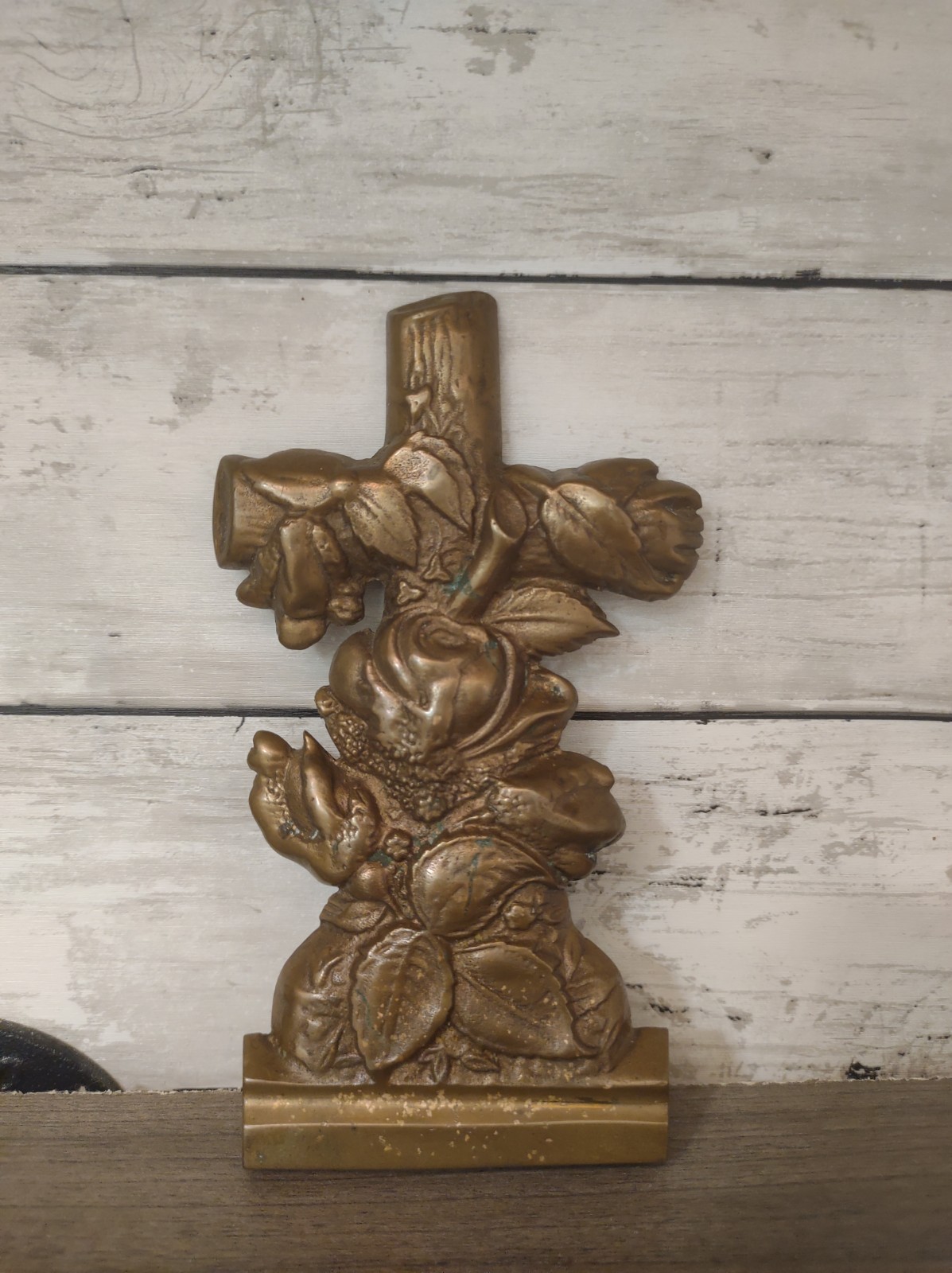 Vintage Antique Brass Decorative Cross Crucifix Metal Flower Religious 6.25 Tall