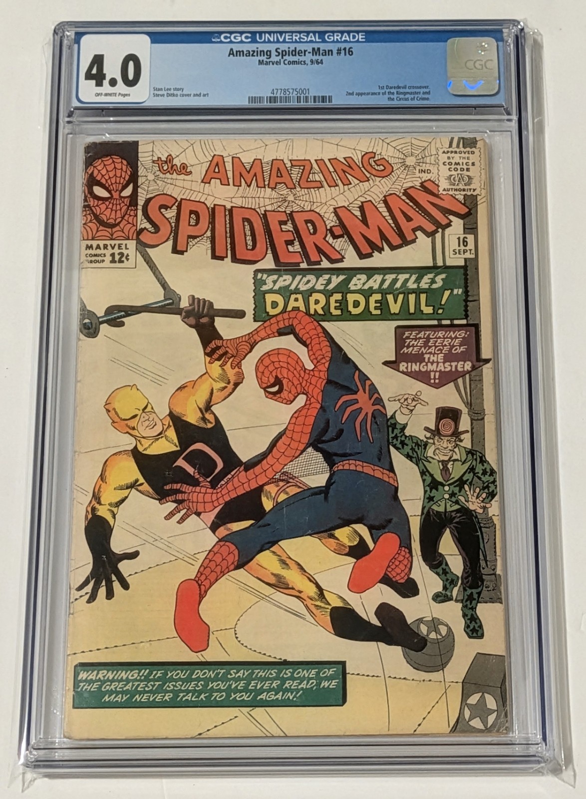 AMAZING SPIDER-MAN #16 cgc 4.0(1st  Daredevil Crossover In Spider-man)1964🔥🔥🔥