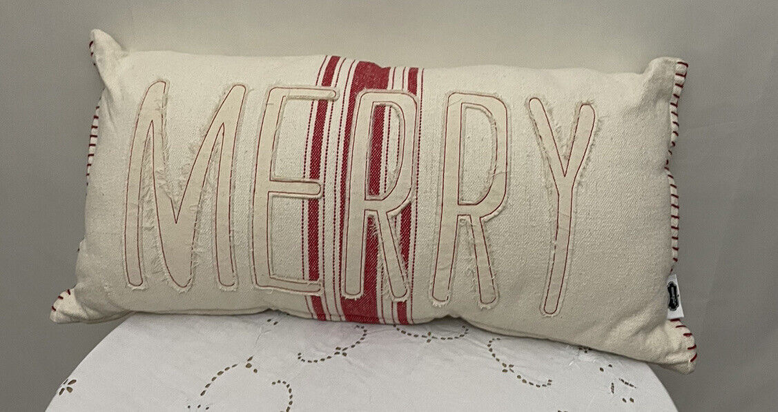 Mudpie Farmhouse Inspired Christmas pillow. MERRY Embroidered 24x10