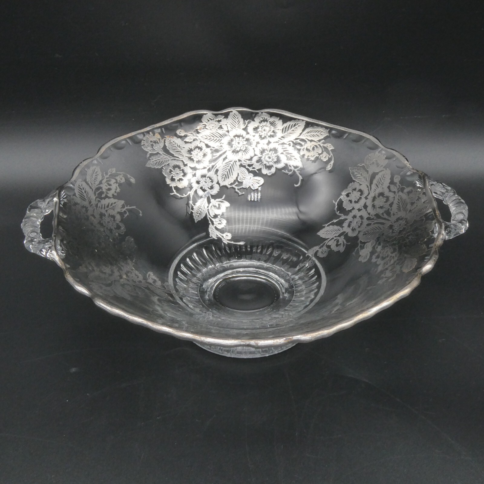 Vintage Floral Silver Overlay Footed Bowl Scalloped Dish Clear Glass Handles 7\