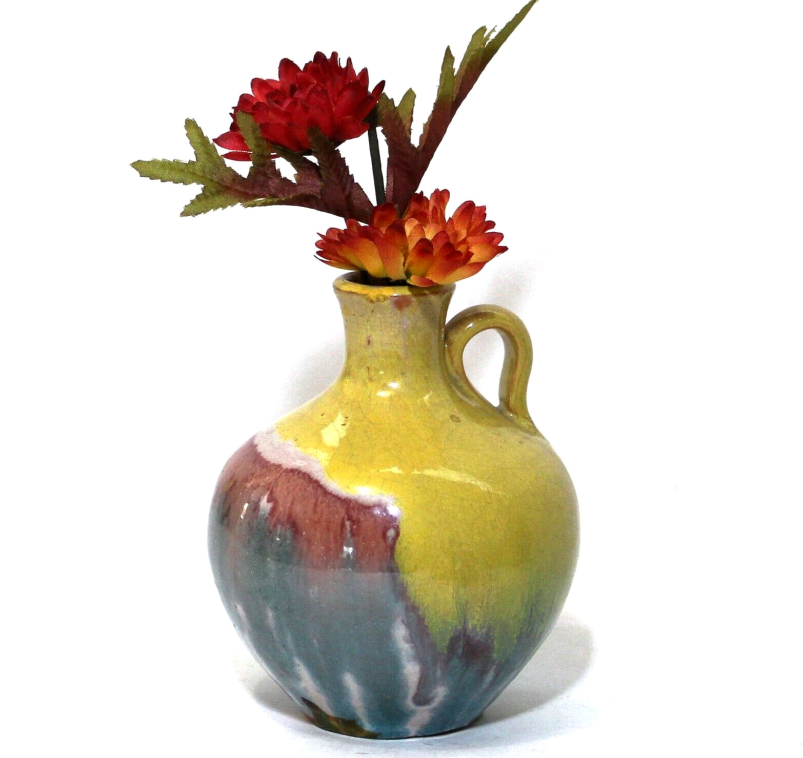 Vintage Art Pottery Pitcher Vase Weed Pot Yellow Blue Drip Glaze