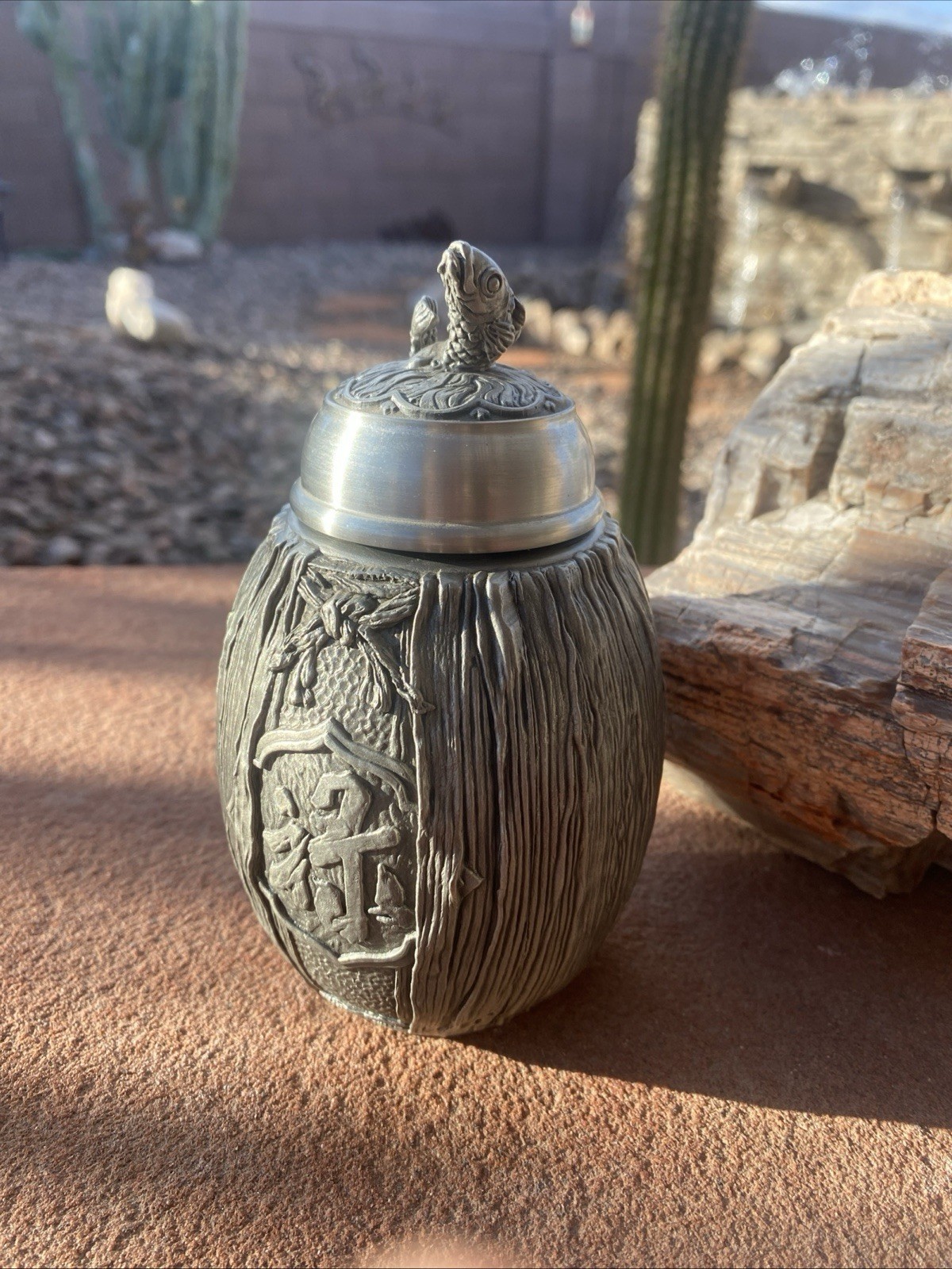 Vintage Tea Caddy Tumasek Pewter “Fu Lu You Yu” Tea Caddy NEW w/o Box