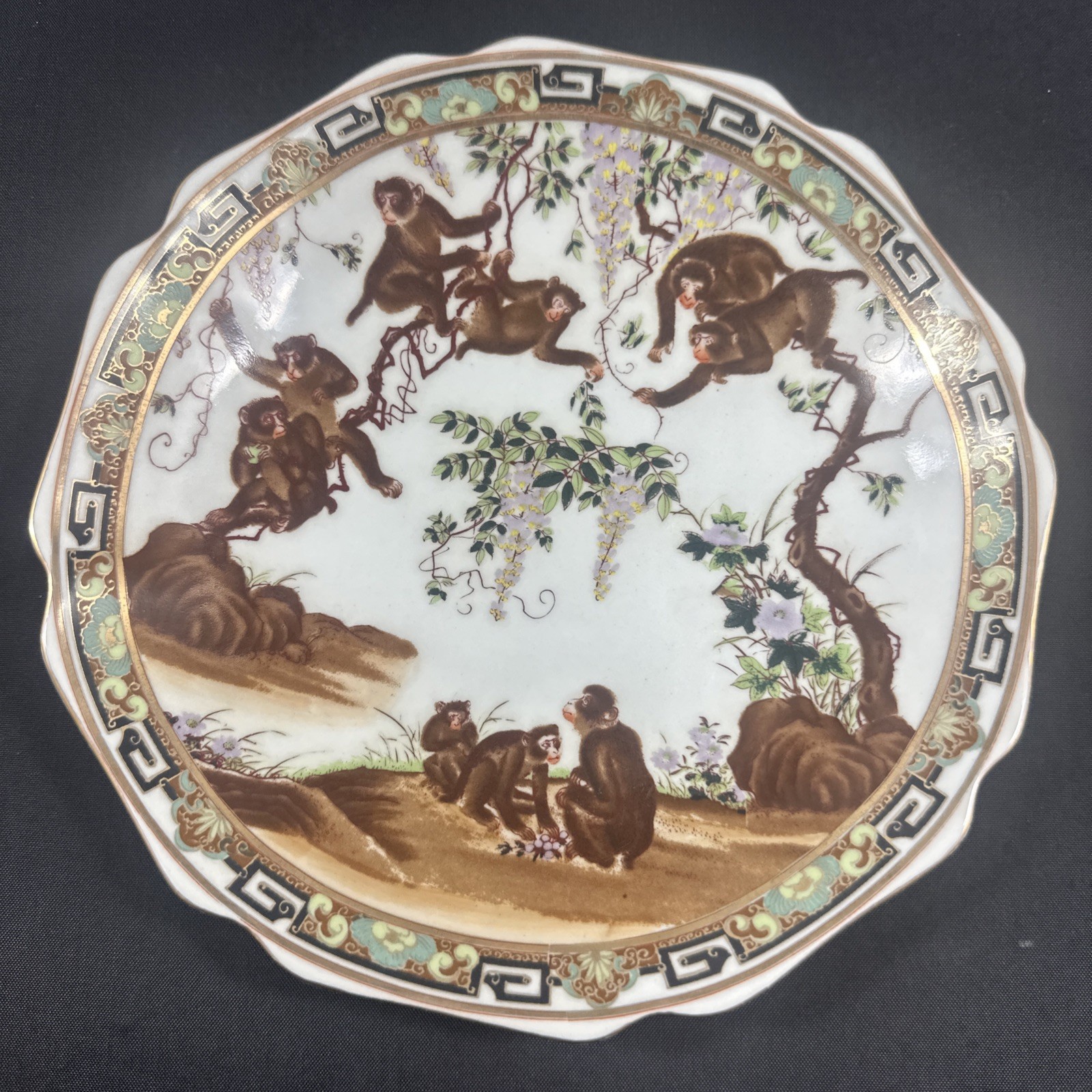 Chinese Merry Monkeys Wysteria Porcelain Plate 8.75” Vintage Brown White Green Chinese Merry Monkeys Wysteria Porcelain Plate 8.75” Vintage Brown White Green