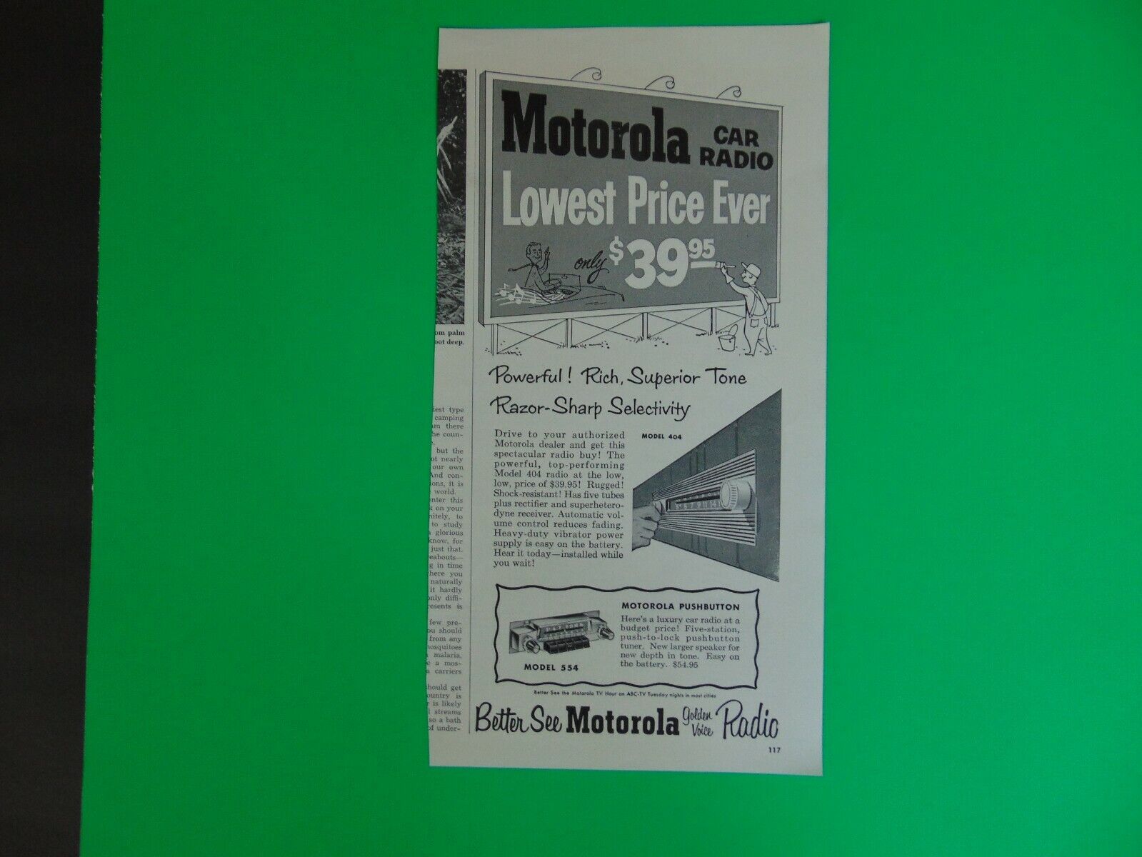 1954 MOTOROLA CAR RADIO Lowest Price Ever $39.95 vintage art print ad