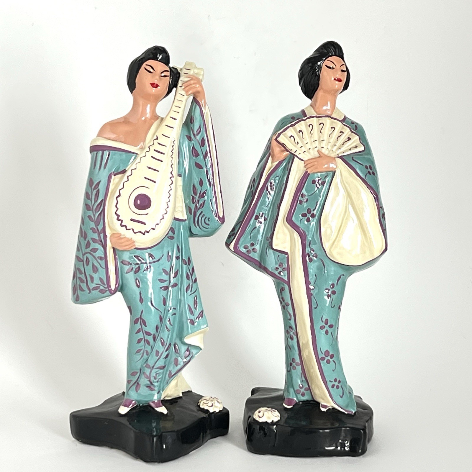 Japanese Asian Chalkware Vintage 2 Figurines 12”Woman Fan Mandolin 1956