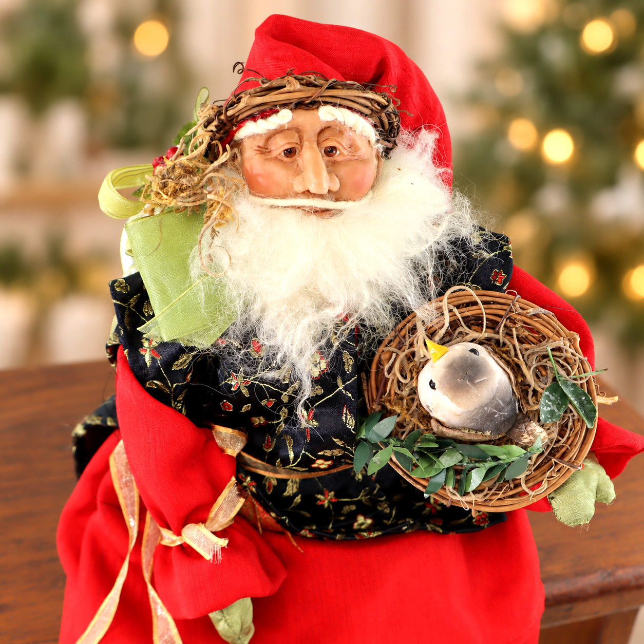 Artisan folk art Santa Doll Bird Nest Handmade 13\