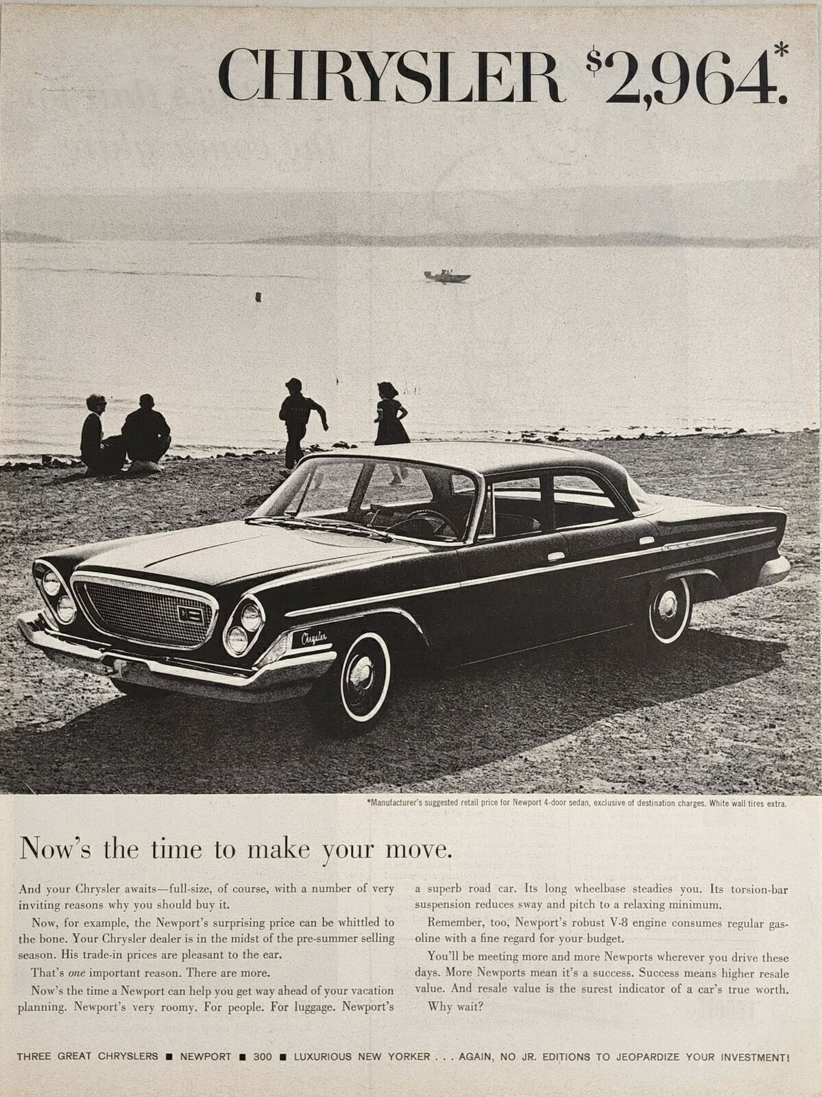 1961 Print Ad Chrysler Newport 4-Door Car on Beach by a Lake