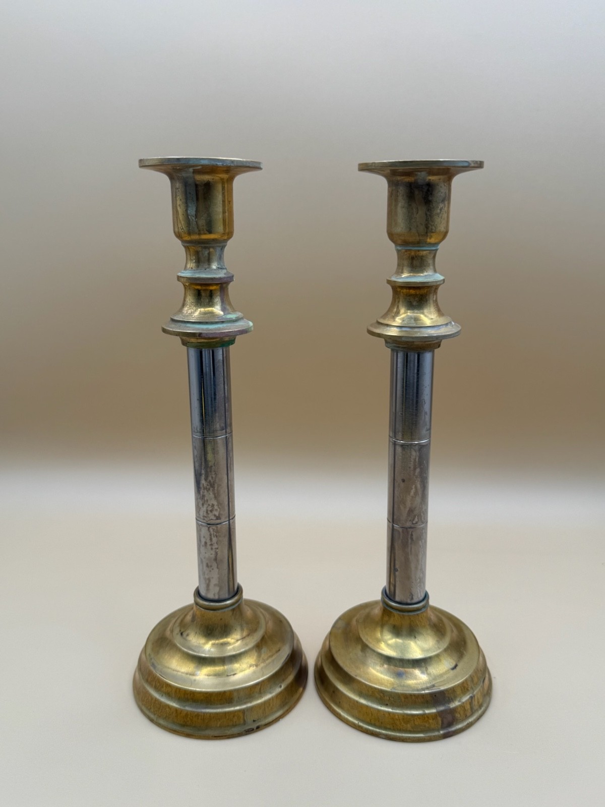 Vtg Two Tone Brass Chrome Candlestick Holders Pair 9 1/2” MCM Industrial