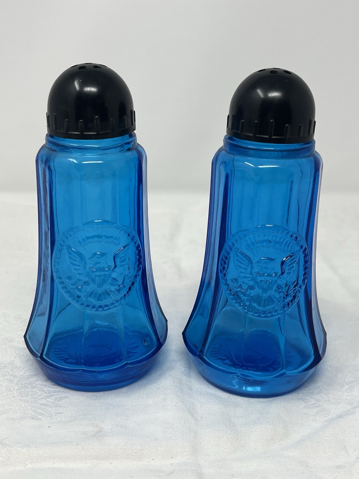 Vintage Crownford Salt & Pepper Shaker Set Cobalt Blue Glass Shakers Embossed
