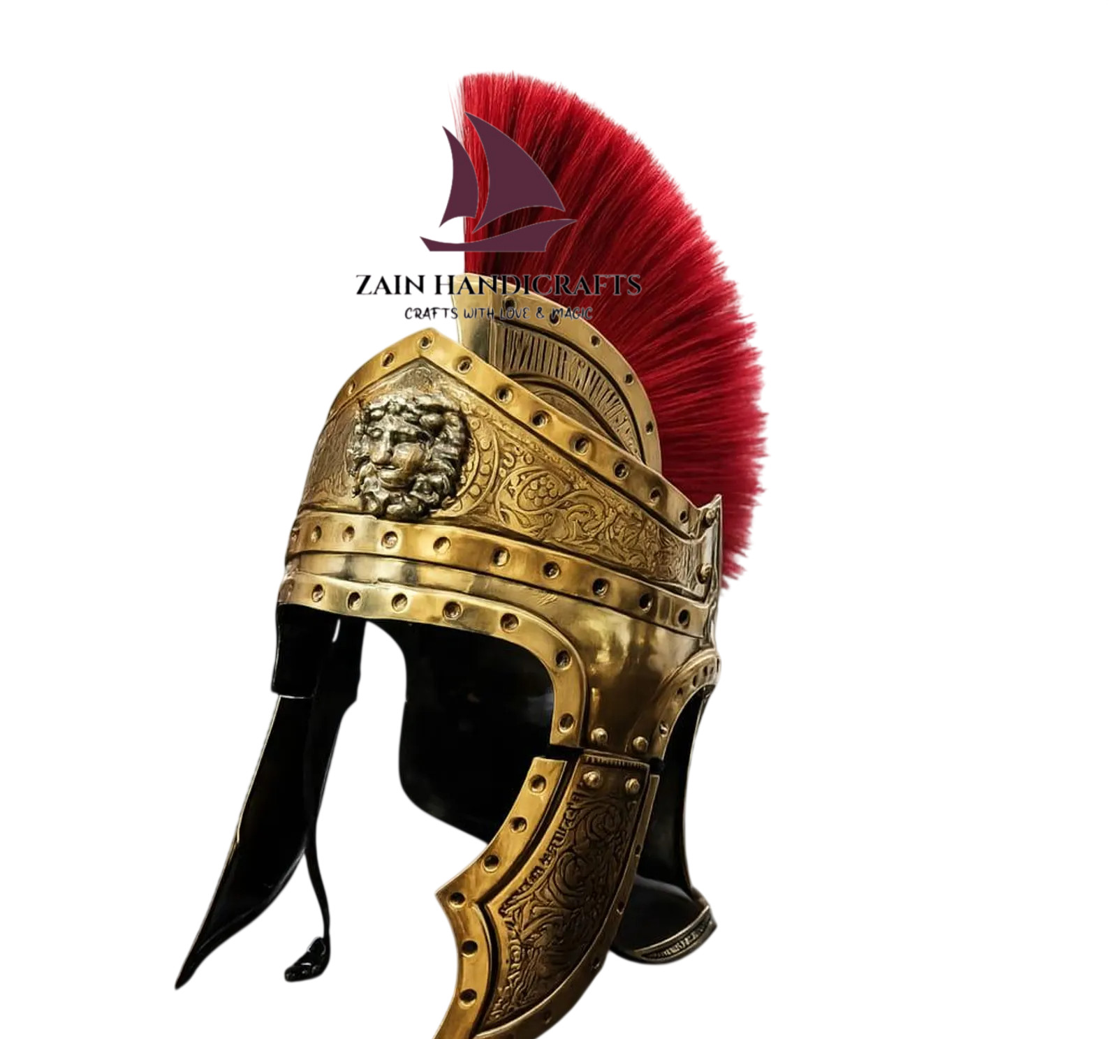 ZAIN Medieval Roman Gladiator Helmet W/Red Crest and Brass Queen Crest Halloween
