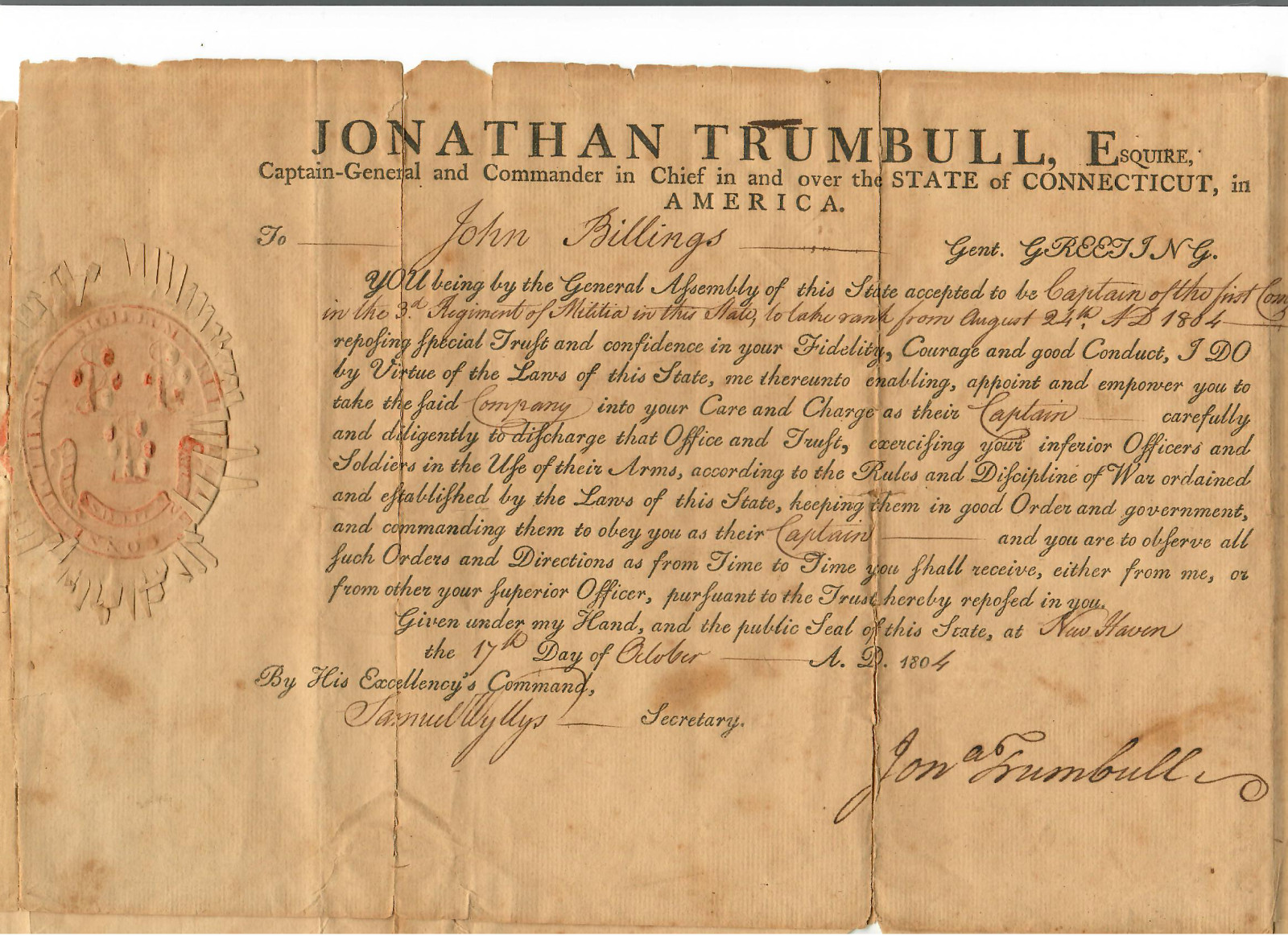 Jonathan Trumbull Jr Signed 1804 CT Militia Commission Washington Aide Governor