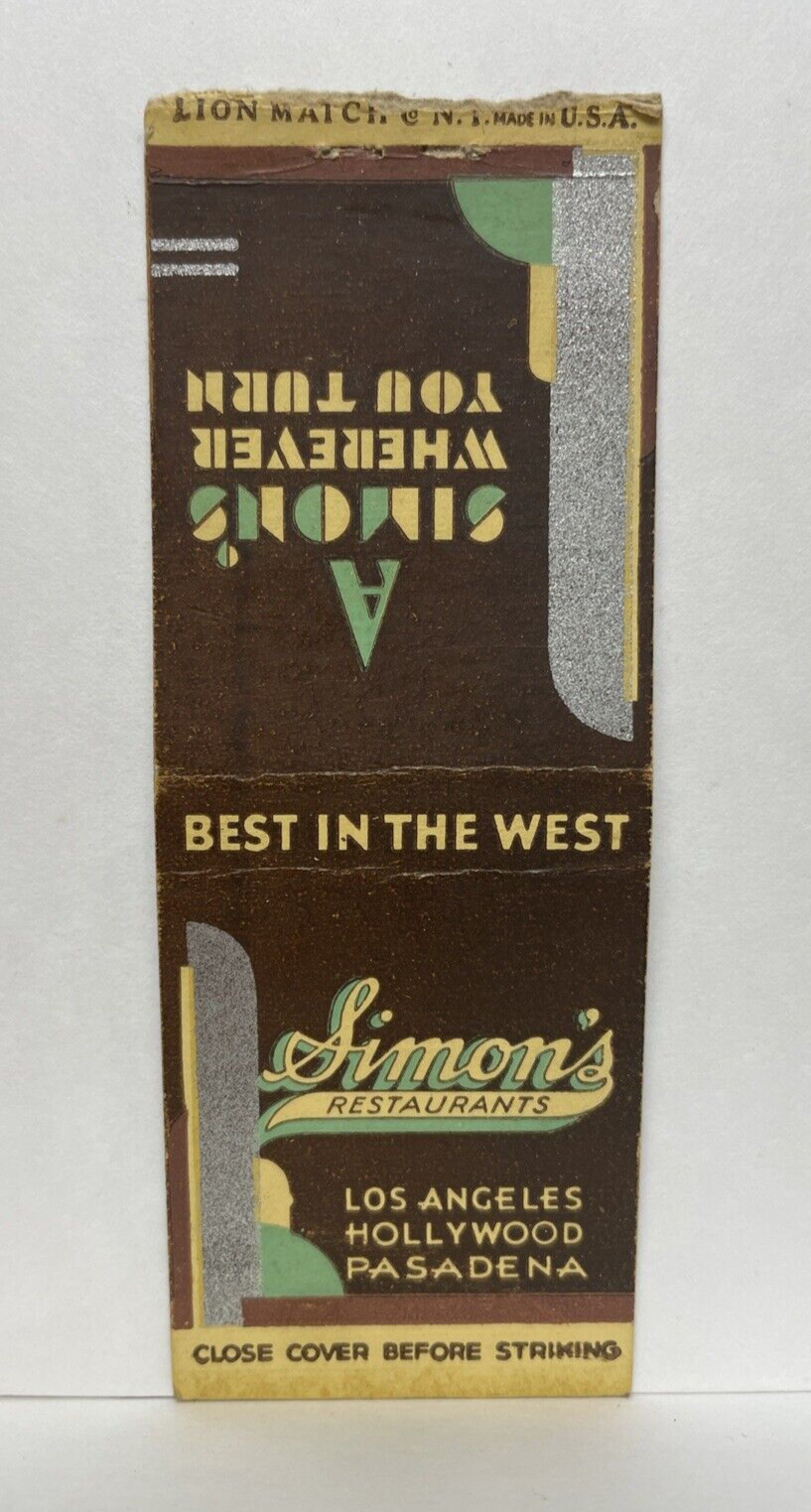 Simon\'s Restaurants Los Angeles Hollywood Pasadena MCM CA Match Cover 1940s