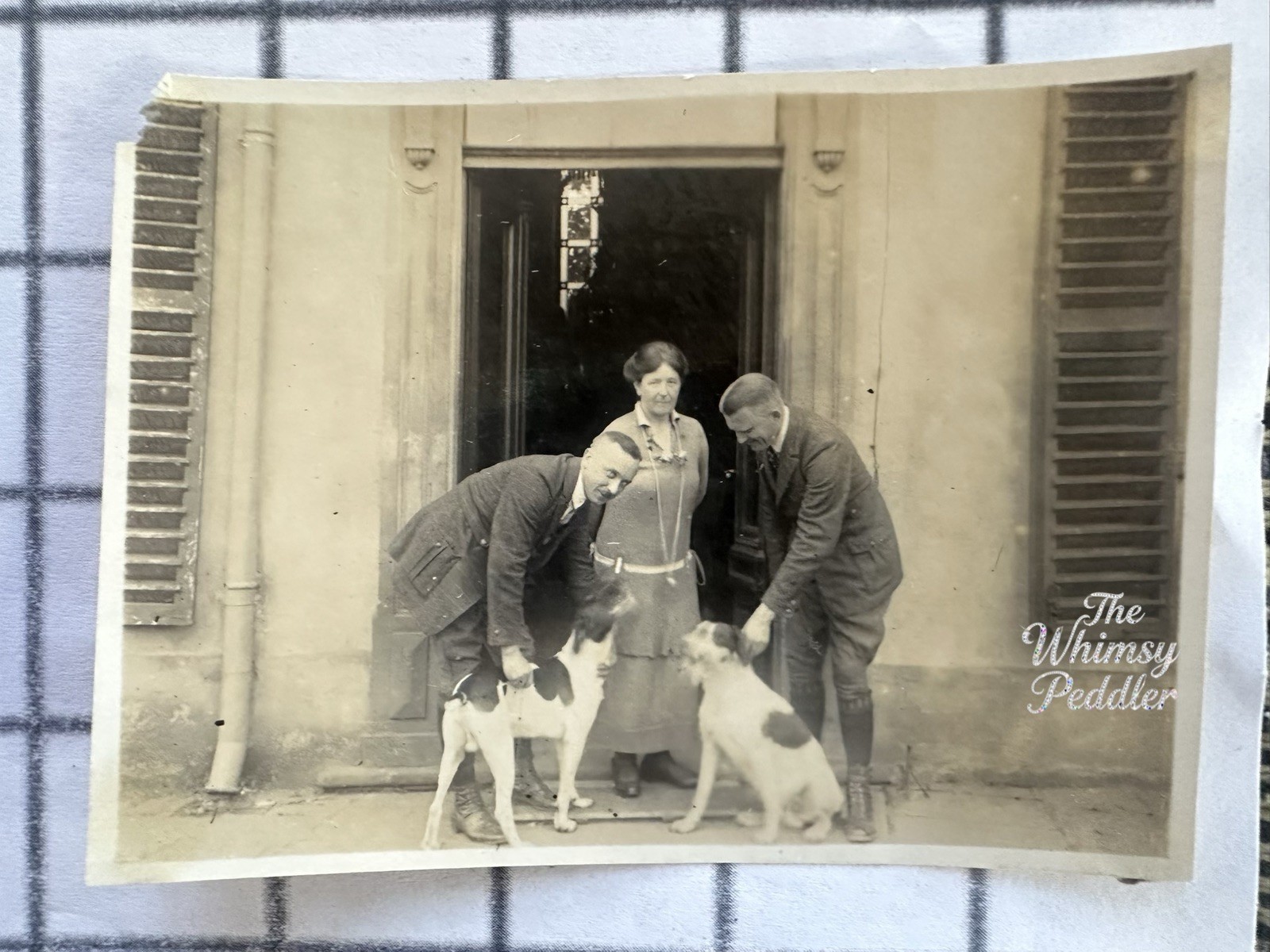 Vintage Portrait Woman Two Men Petting Dogs at House Doorway Snapshot Old Photo