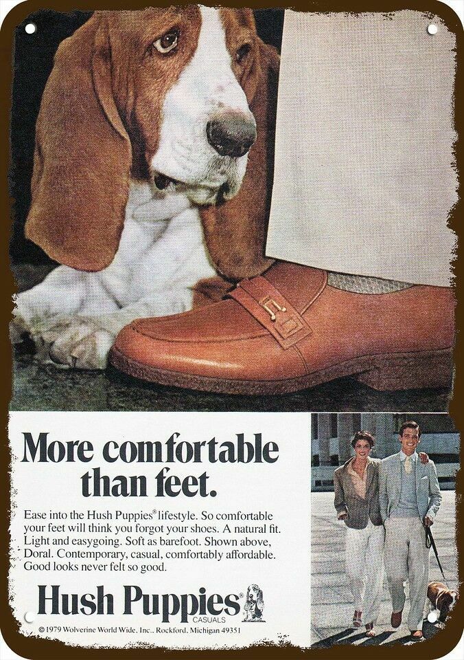 1979 BASSET HOUND Dog & Hush Puppies Vintage-Look DECORATIVE REPLICA METAL SIGN 1979 BASSET HOUND Dog & Hush Puppies Vintage-Look DECORATIVE REPLICA METAL SIGN