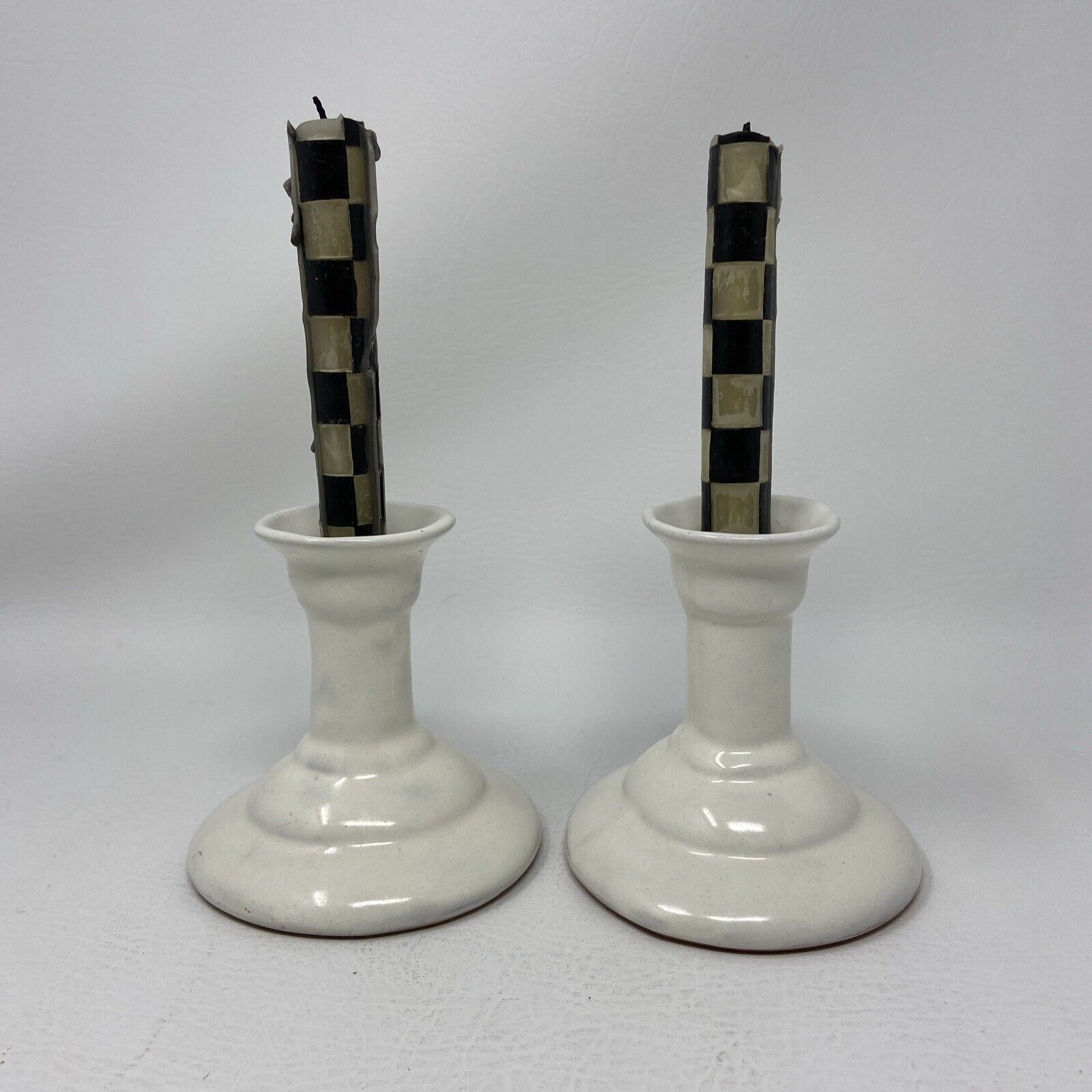 Mackenzie Childs Vintage Pair of White Ceramic Hand Thrown Candlesticks 4.25”