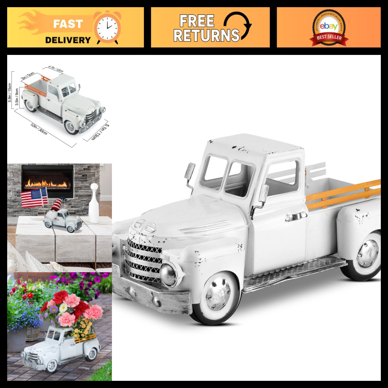 Vintage Farmhouse White Truck Decor - Rustic Metal Pickup Planter for Indoor/Out Vintage Farmhouse White Truck Decor - Rustic Metal Pickup Planter for Indoor/Out