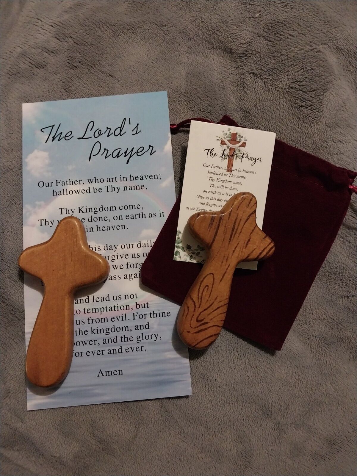 Palm Sized Prayer Cross Set Made Of Olive Wood With Prayer Cards And Satchel