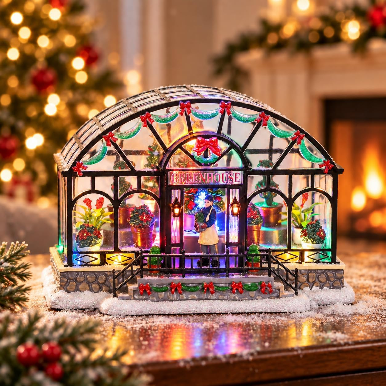 Lighted Christmas Village Greenhouse LED Miniature House Powered Tabletop Decor