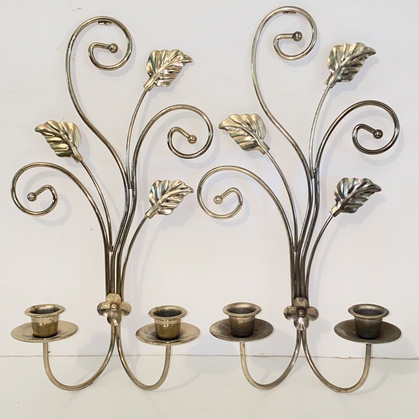 Vintage Homco Brass Wall Sconce Pair Double Taper Candle Leaves Scroll Work