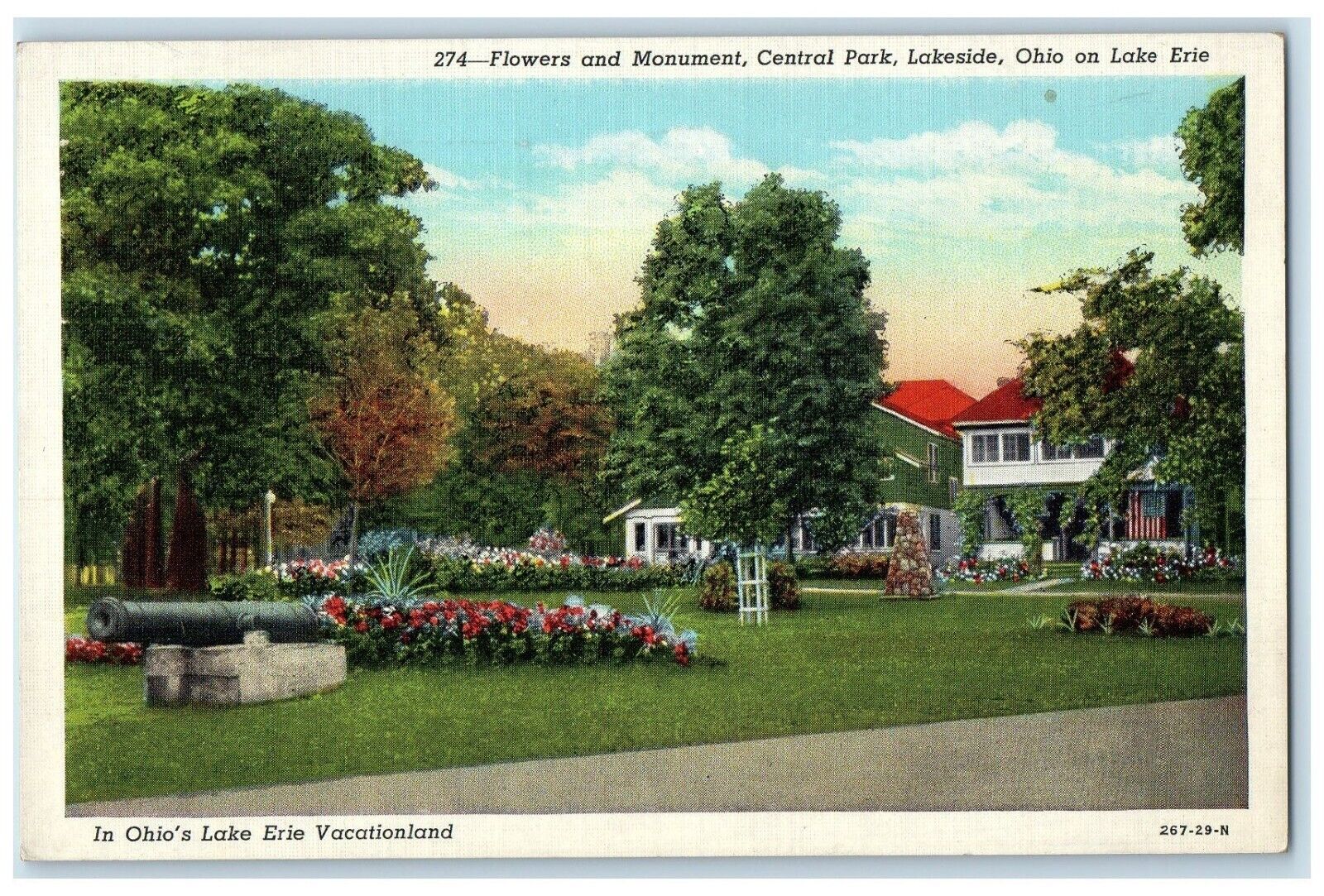 1942 Flowers And Monument Central Park Lakeside Ohio On Lake Vintage Postcard