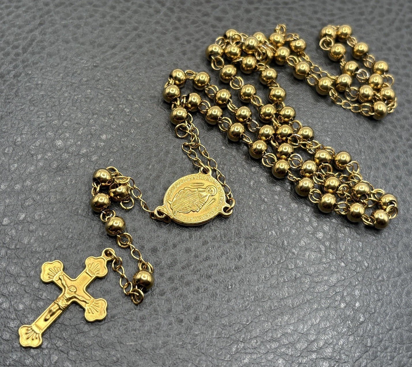 Vintage Rosary Necklace Crucifix Cross Miraculous Medal Beads Gold Tone 24”