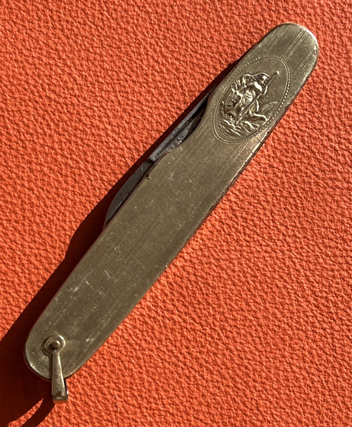 Antique Gold Tone 2 Blade Pocket Knife Figural Lady Scene N E Co Tang Stamp Rare