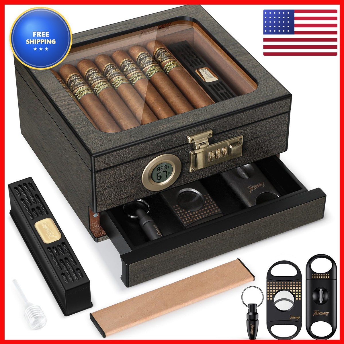 Tesonway Cedar Wood Glass Top Desktop Cigar Humidor with Digital