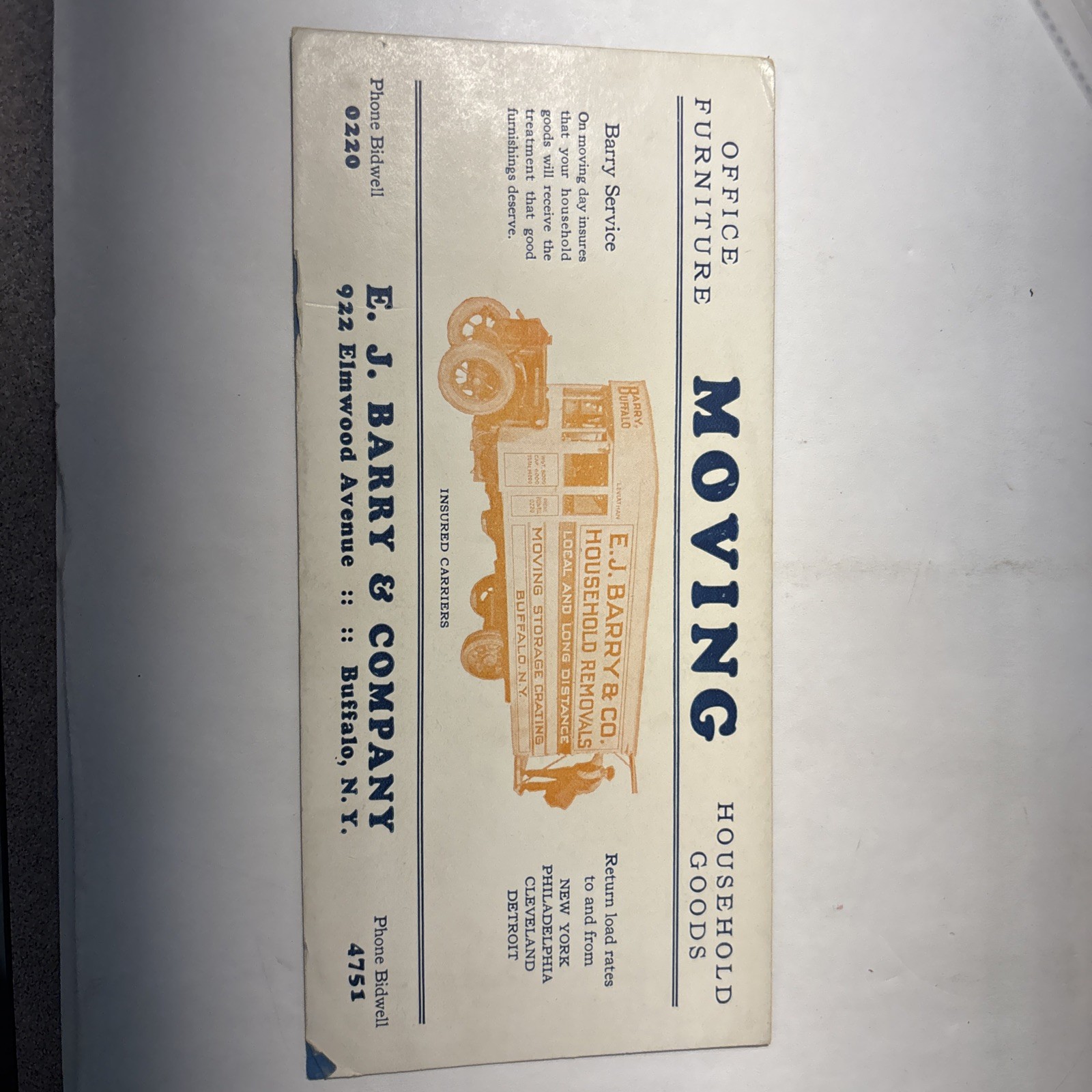 Vintage E.J Barry & Co Moving Co. Buffalo NY Advertising Blotter