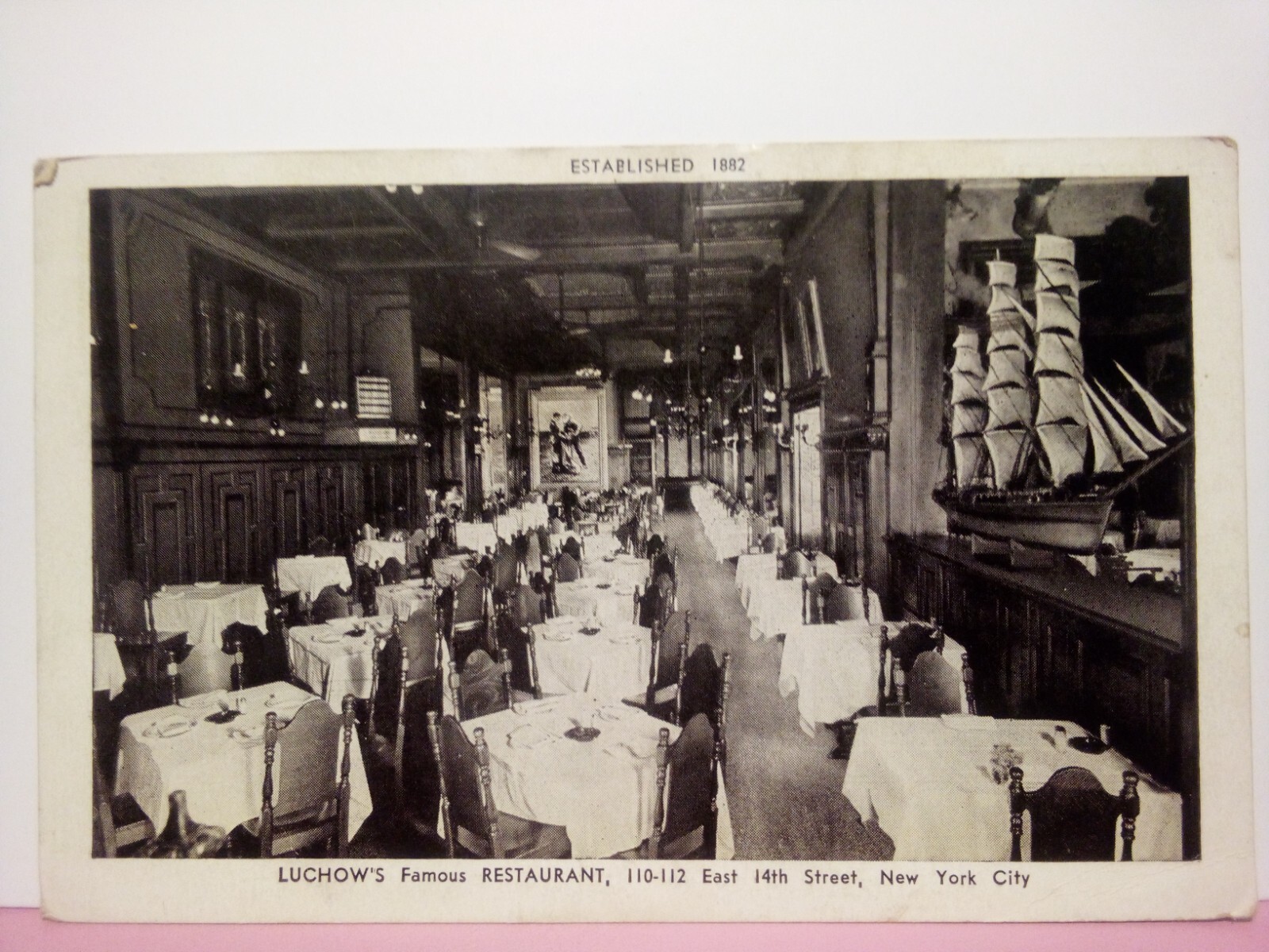 NYC Luchow\'s Famous Restaurant interior sailing ship model p1950