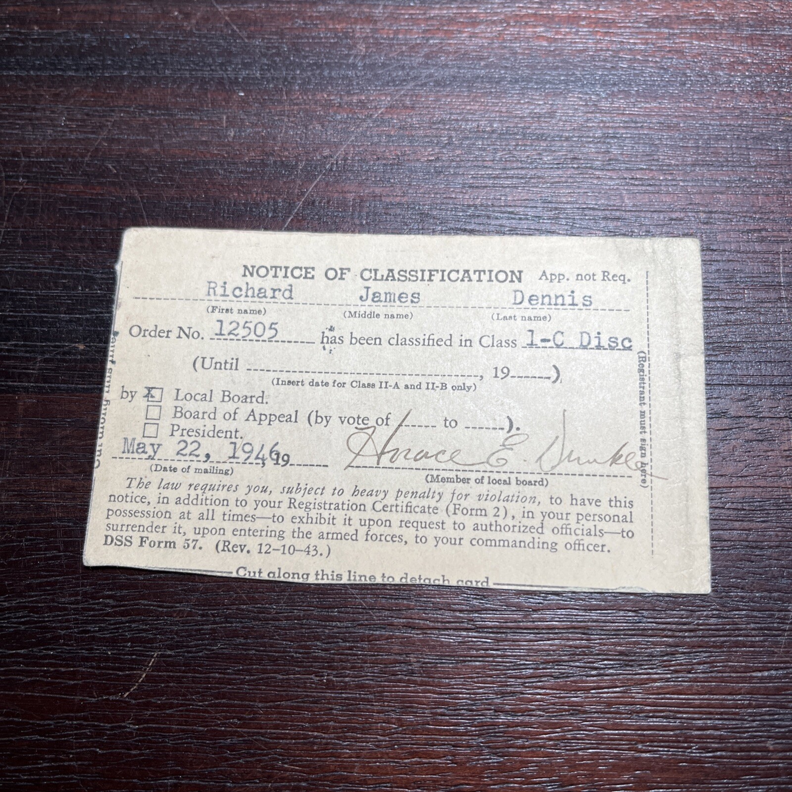 1946 US Military Selective Service Classification Certificate Boston Politician