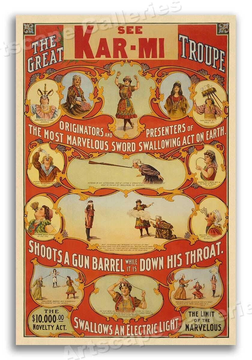 1900s “The Great Kar-Mi Troupe” Vintage Style Variety Magic Poster - 24x36