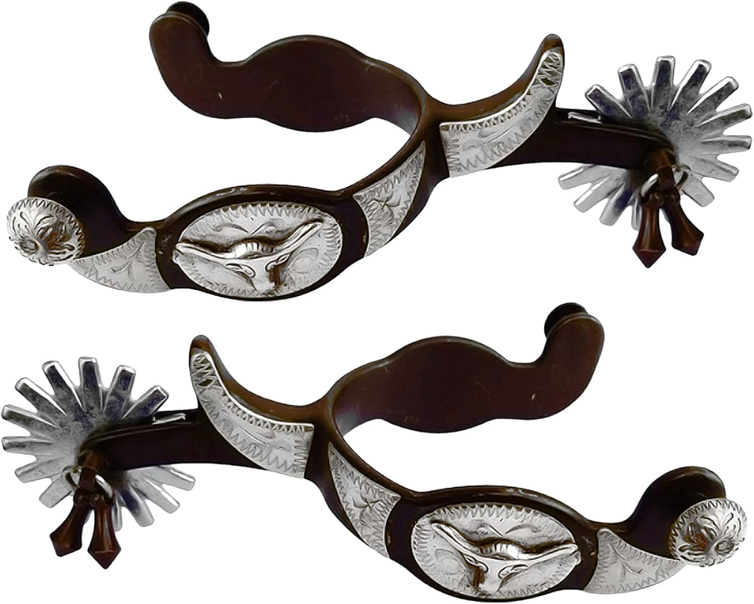 Western Antiqued Spurs with Silver Engraved Trims Rowel Jingle Bobs