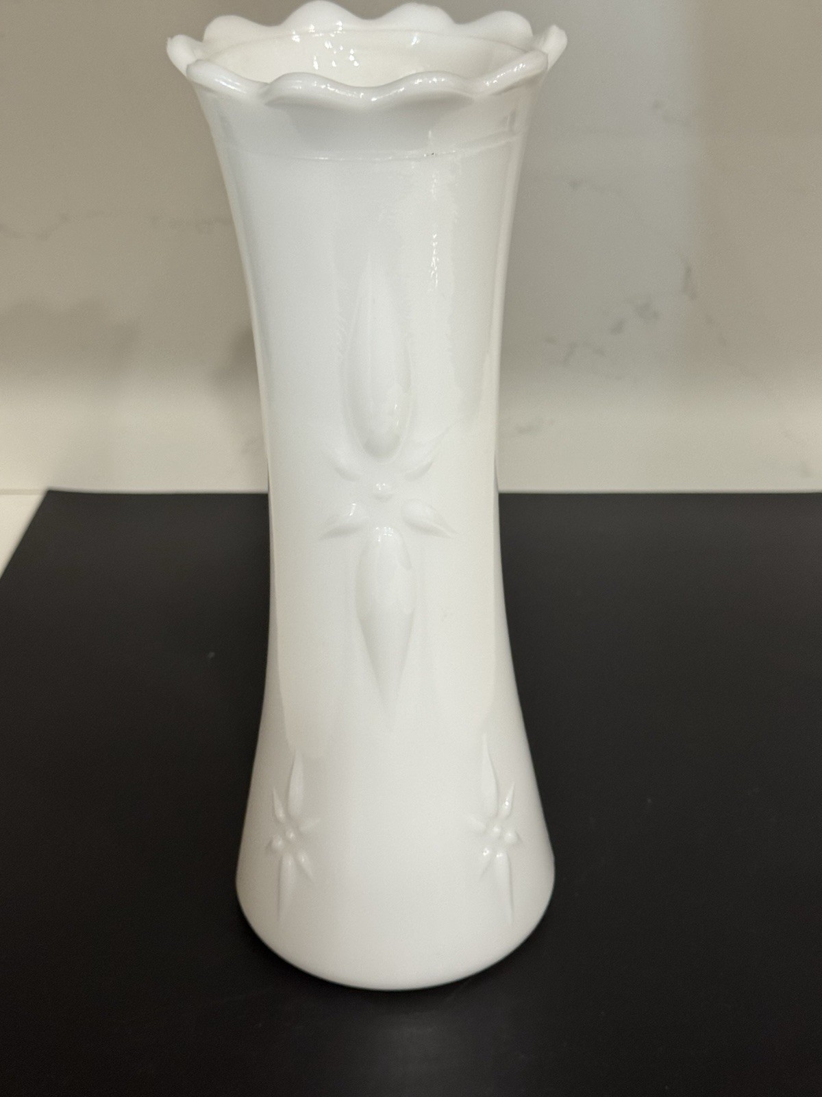 Vintage E.O. Brody Milk Glass Floral Vase 10.5” Scalloped Rim Orange UV Glow MCM