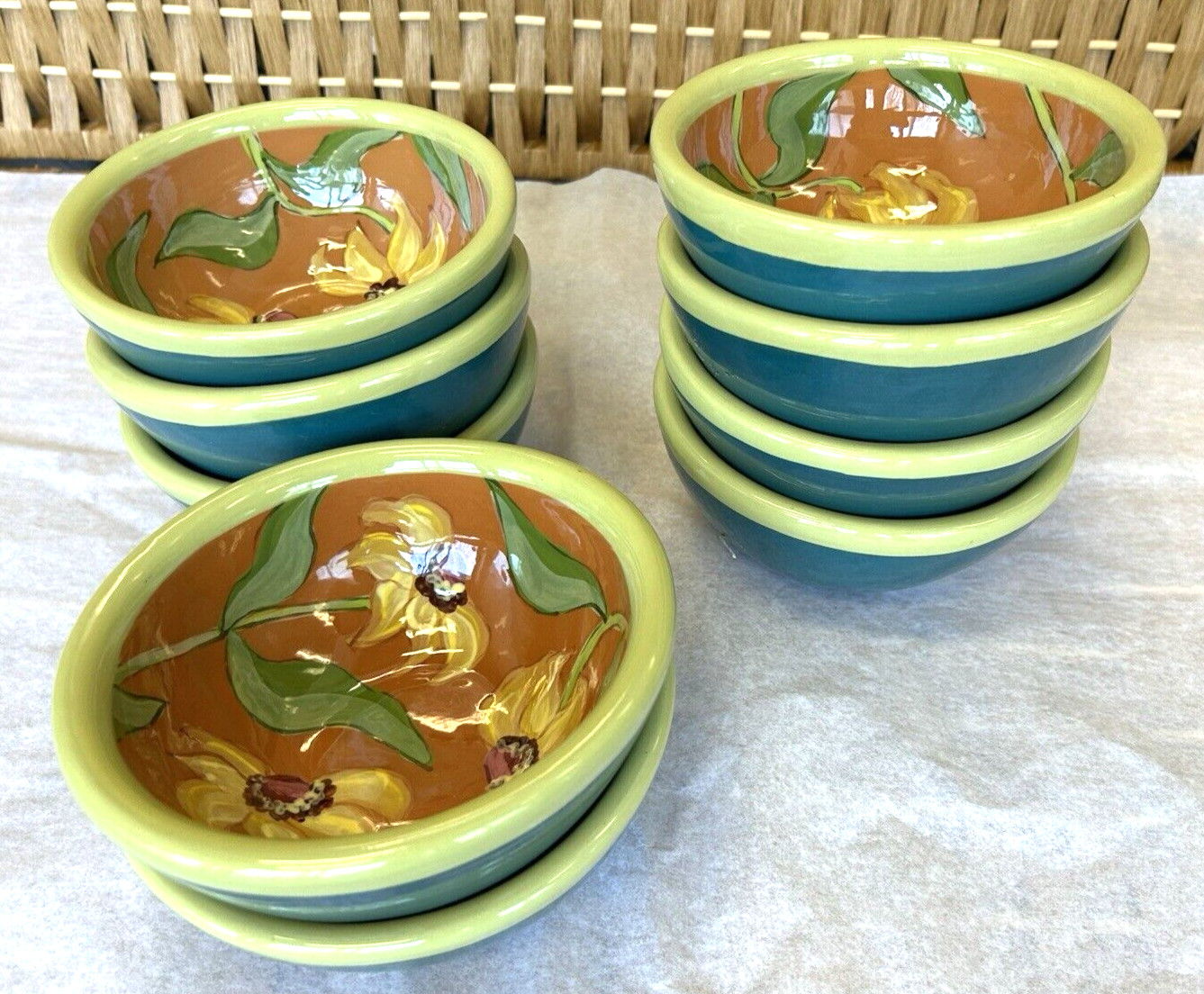 Droll Designs Floral Green/Terracota Bowl Grossy Hand Painting \