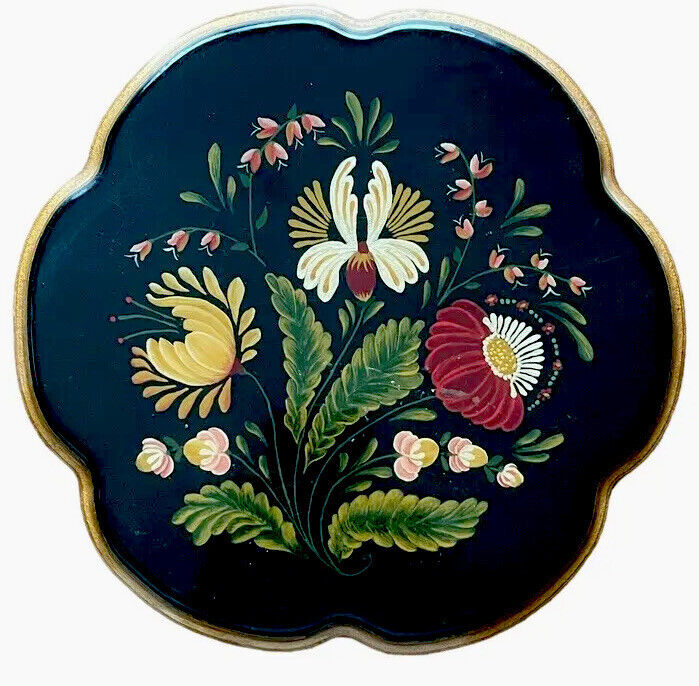 Hand Tole Painted Floral Trivet Scalloped Edge Black Green 9.5\