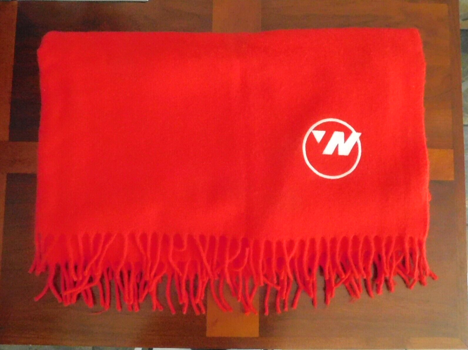 VTG. 1980's NORTHWEST AIRLINES RED WOOL THROW / EMBROIDERED LOGO from 1st CLASS