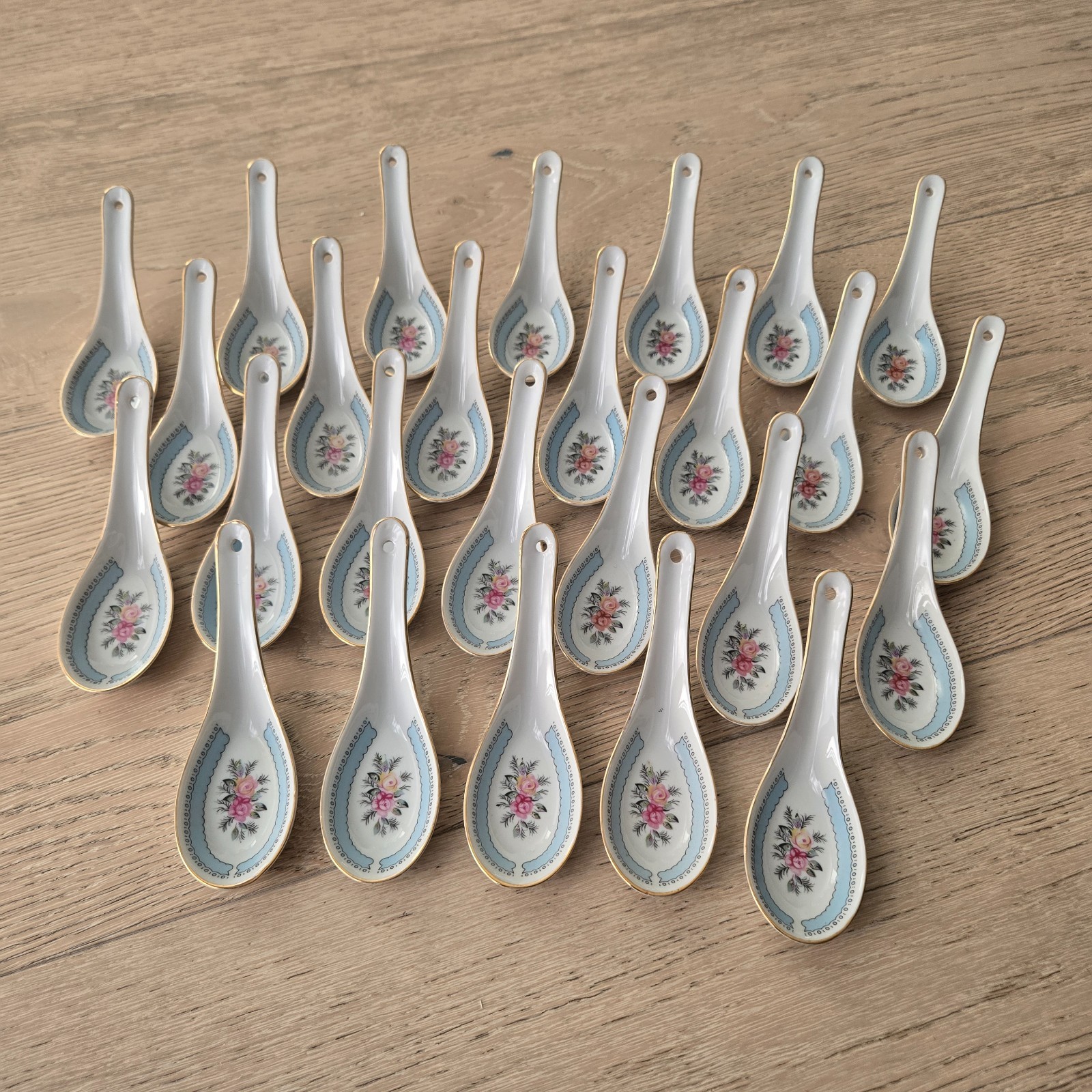 Taiwan Tatung Porcelain 26x Soup Spoons Blue with Pink Rose Floral Print