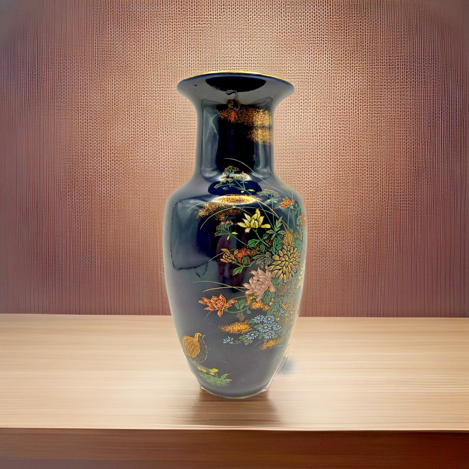 Vintage Toyo Kiko Blue Japanese Porcelain Vase Hand Painted Floral 7.5”