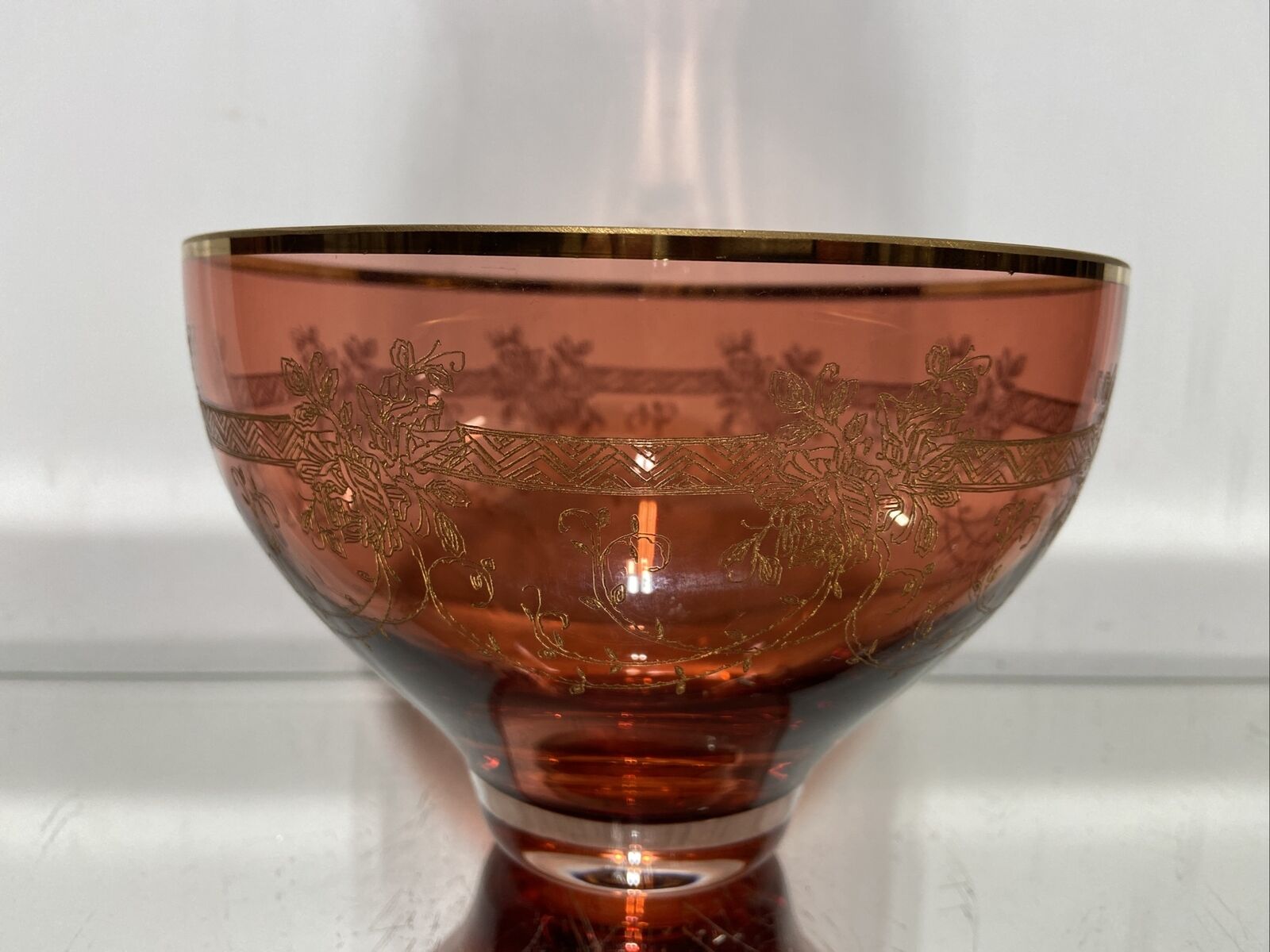 VTG. Bohemian MOSER painted Gold engraved Cranberry Ruby Bowl W/ Floral Motif