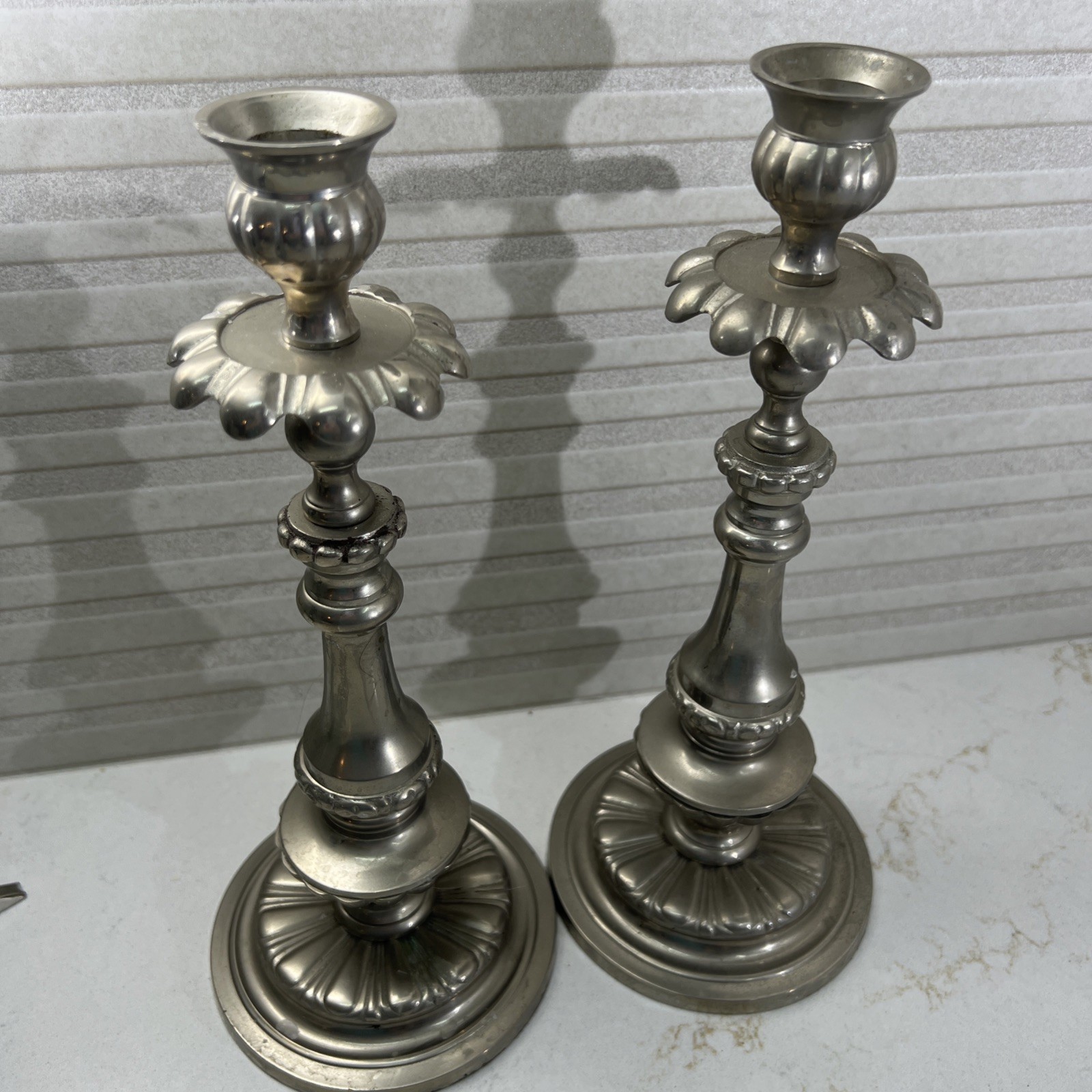 Vintage  Detailed Pewter Candlestick Holder Set of Two  11. Inch Tall Base 4.5