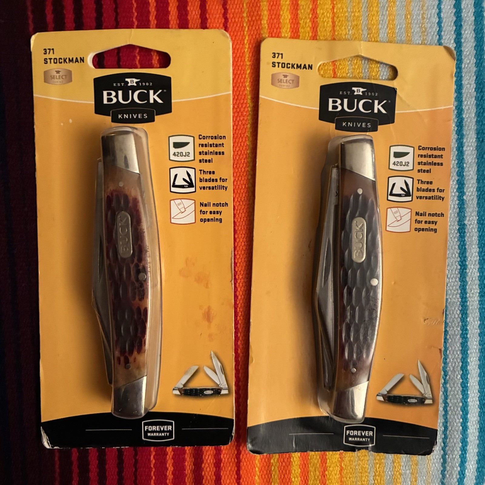 Buck 371 Stockman NOS Folding Pocket Knifes (2) 3 Blade Brown Jigged Bone Handle